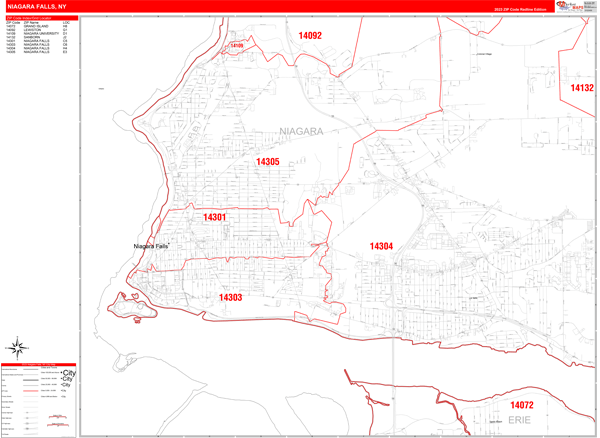 Niagara Falls City Wall Map Red Line Style